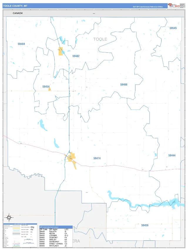Toole County, MT ZIP Code Wall Map, Business Reference style