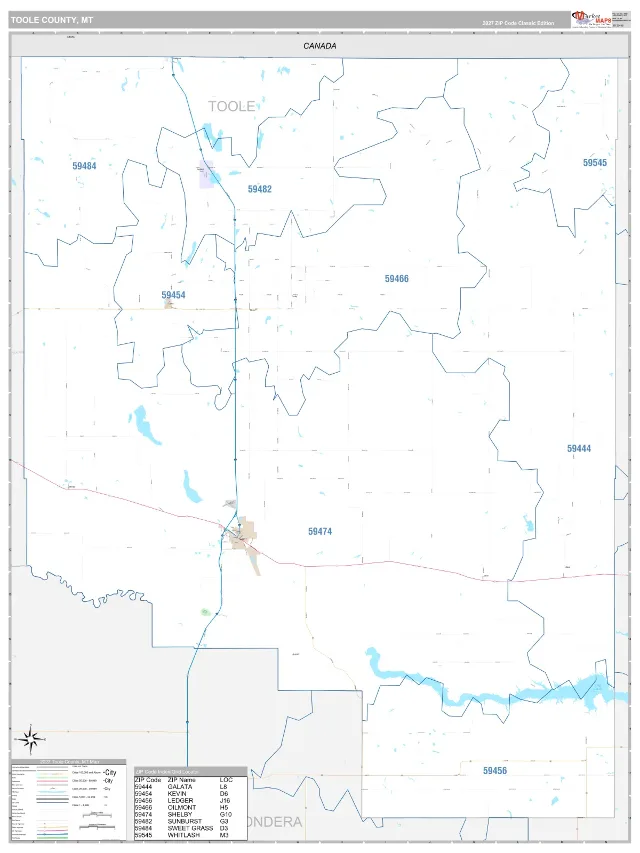 Toole County, MT ZIP Code Wall Map, Classic style