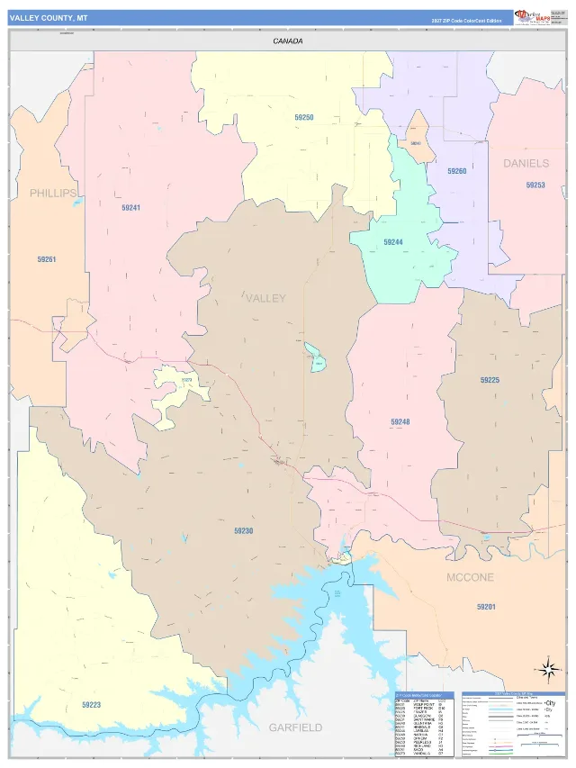 Valley County, MT ZIP Code Wall Map, ColorCast style