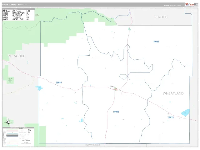 Wheatland County, MT ZIP Code Wall Map, Classic style