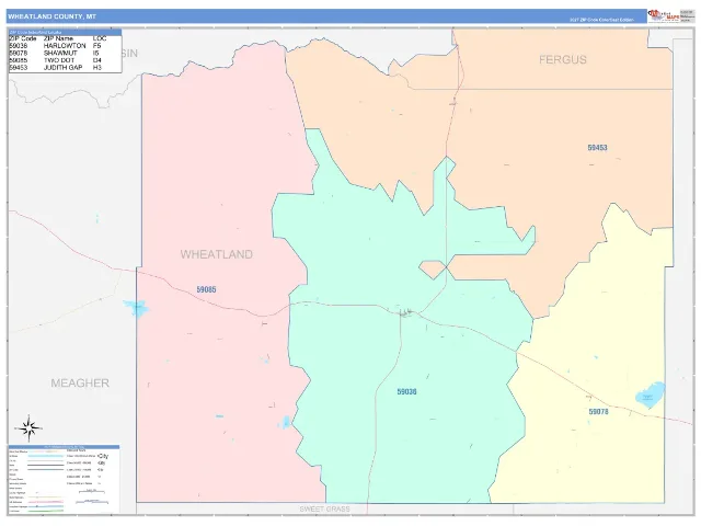 Wheatland County, MT ZIP Code Wall Map, ColorCast style