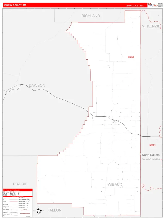 Wibaux County, MT ZIP Code Wall Map, RedLine style