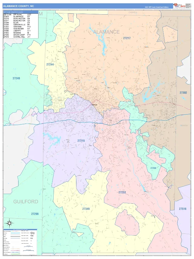 Alamance County, NC ZIP Code Wall Map, ColorCast style