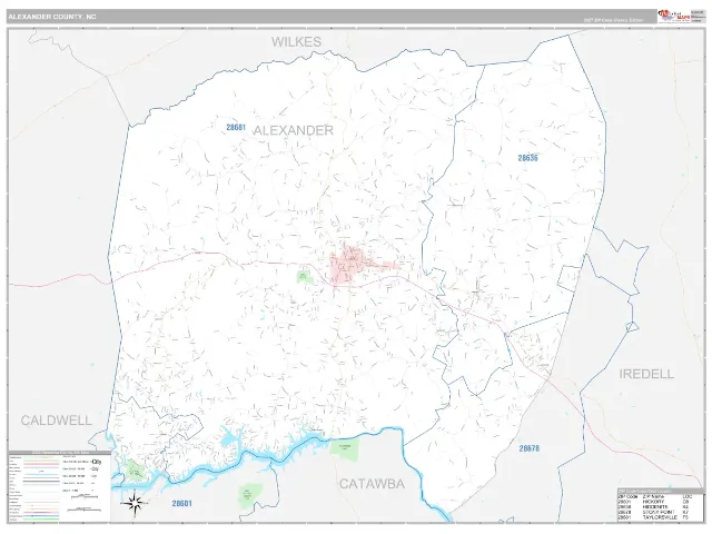 Alexander County, NC ZIP Code Wall Map, Classic style