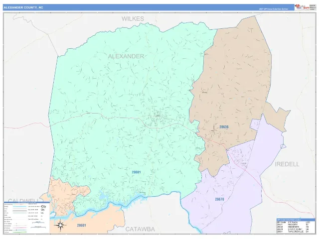 Alexander County, NC ZIP Code Wall Map, ColorCast style