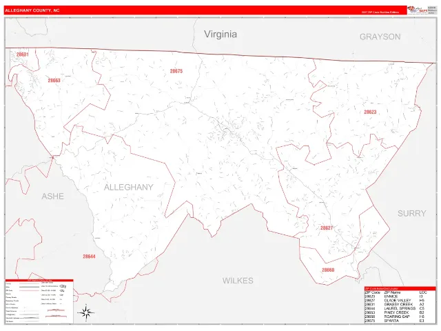 Alleghany County, NC ZIP Code Wall Map, RedLine style