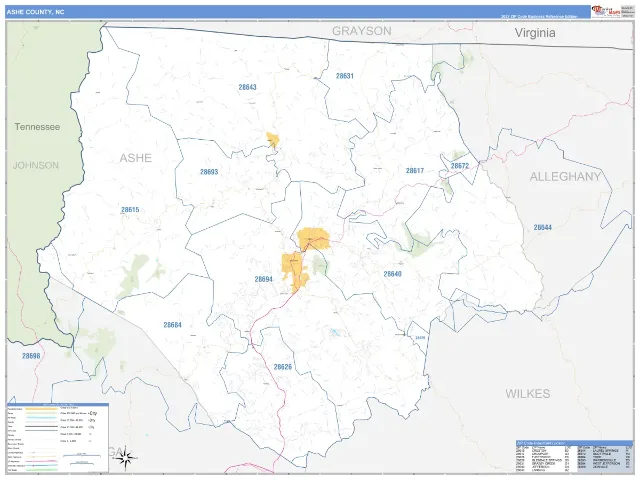 Ashe County, NC ZIP Code Wall Map, Business Reference style