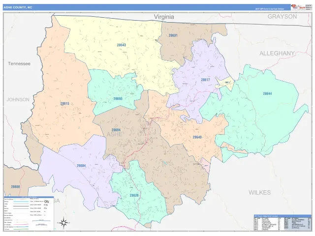 Ashe County, NC ZIP Code Wall Map, ColorCast style