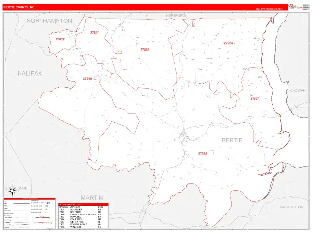 Bertie County, NC ZIP Code Wall Map, RedLine style