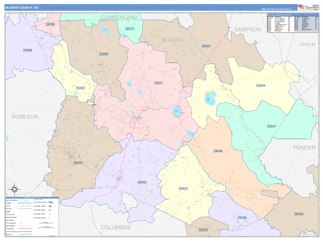 Bladen County, NC ZIP Code Wall Map, ColorCast style