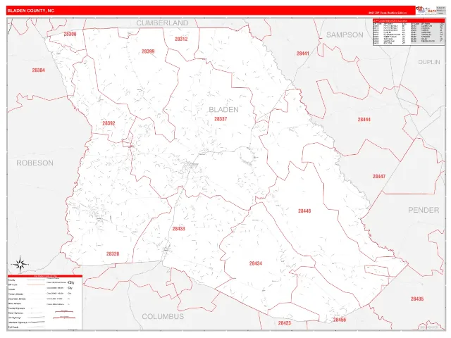 Bladen County, NC ZIP Code Wall Map, RedLine style