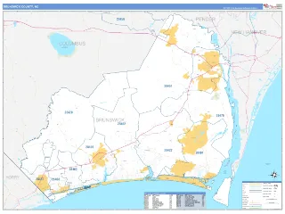Brunswick County, NC Business Reference style ZIP Code wall map
