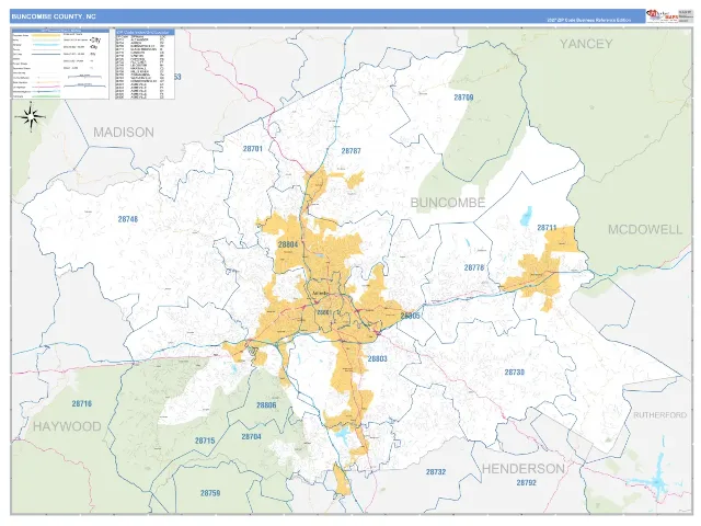 Buncombe County, NC ZIP Code Wall Map, Business Reference style