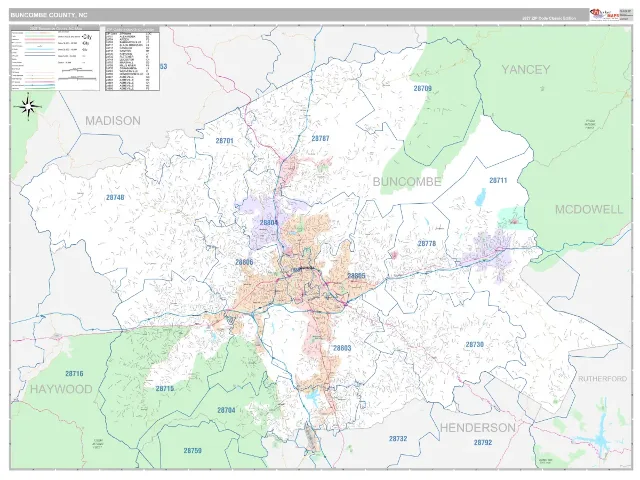 Buncombe County, NC ZIP Code Wall Map, Classic style