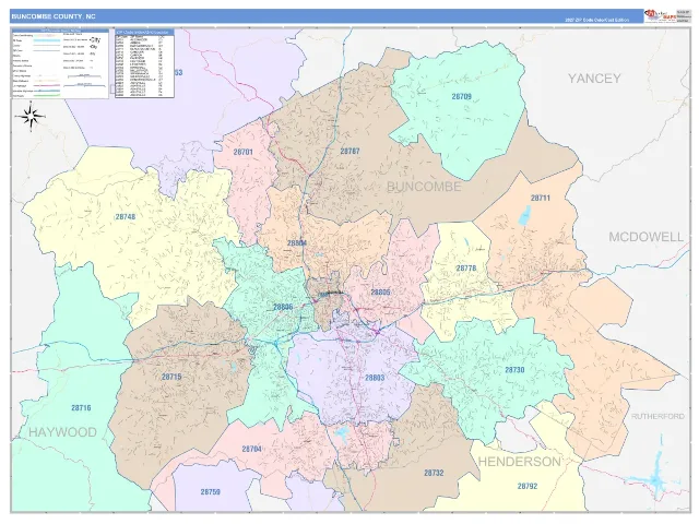 Buncombe County, NC ZIP Code Wall Map, ColorCast style