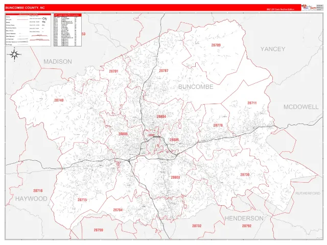 Buncombe County, NC ZIP Code Wall Map, RedLine style