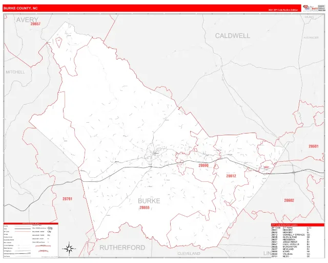 Burke County, NC ZIP Code Wall Map, RedLine style