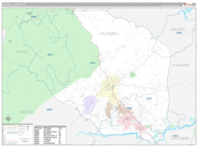 Caldwell County, NC ZIP Code Wall Map, Classic style