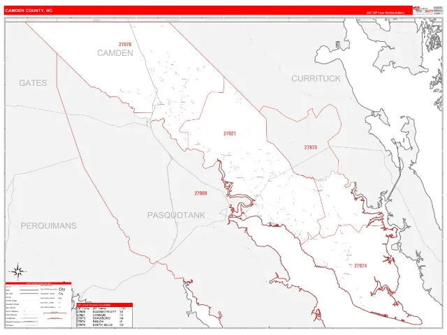 Camden County, NC ZIP Code Wall Map, RedLine style
