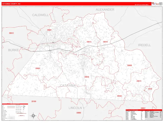 Catawba County, NC ZIP Code Wall Map, RedLine style