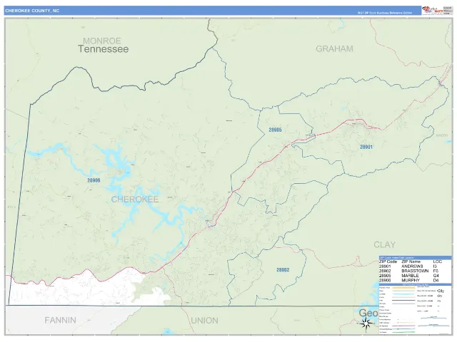 Cherokee County, NC ZIP Code Wall Map, Business Reference style