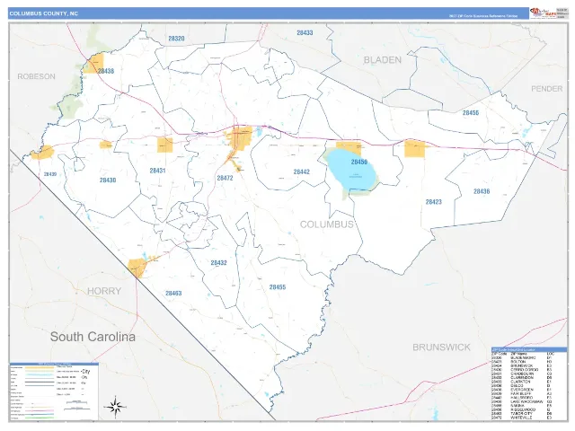 Columbus County, NC ZIP Code Wall Map, Business Reference style