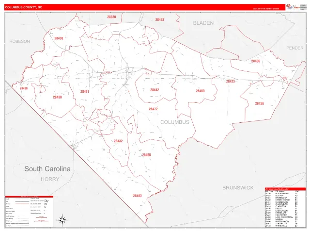Columbus County, NC ZIP Code Wall Map, RedLine style