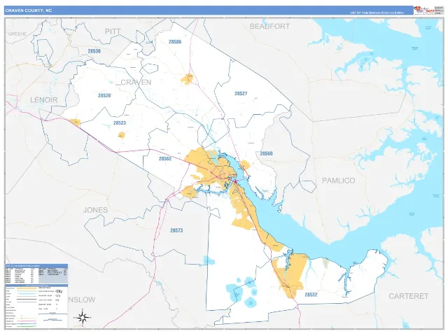 Craven County, NC ZIP Code Wall Map, Business Reference style