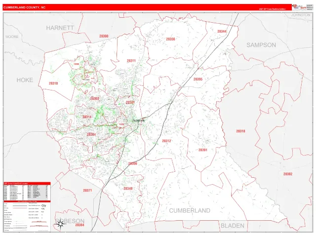 Cumberland County, NC ZIP Code Wall Map, RedLine style