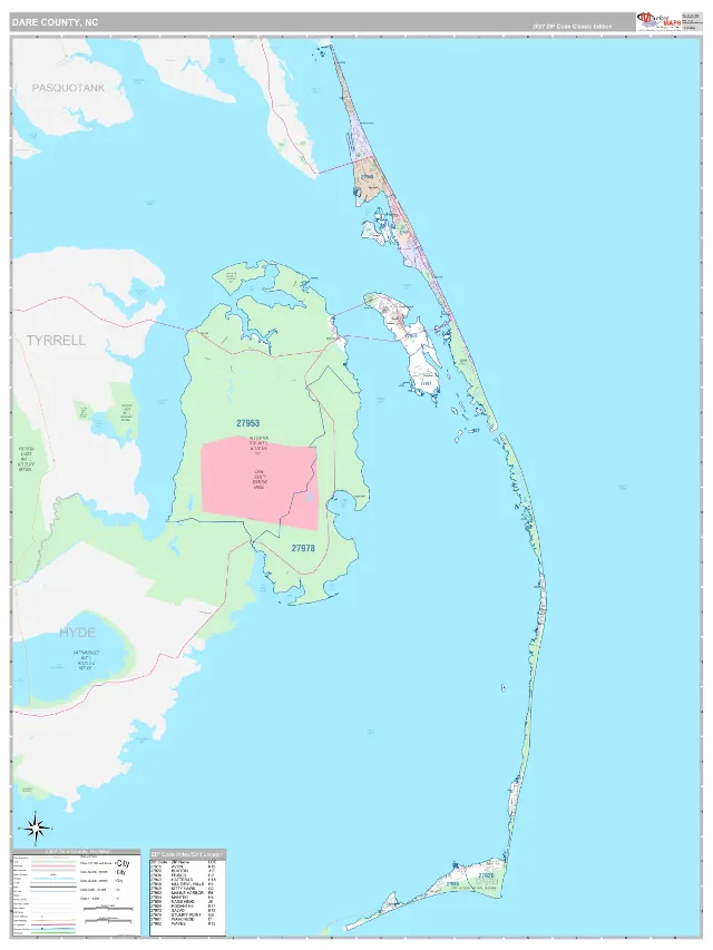 Dare County, NC ZIP Code Wall Map, Classic style