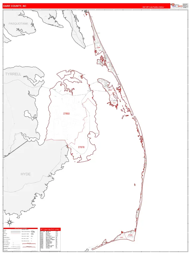 Dare County, NC ZIP Code Wall Map, RedLine style