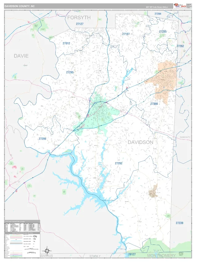 Davidson County, NC ZIP Code Wall Map, Classic style