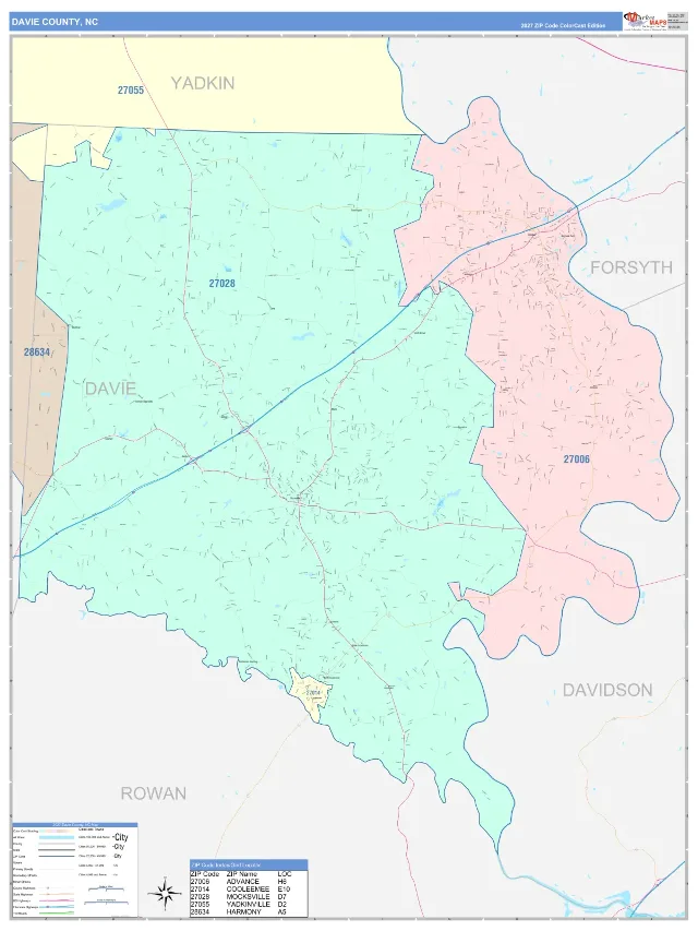 Davie County, NC ZIP Code Wall Map, ColorCast style