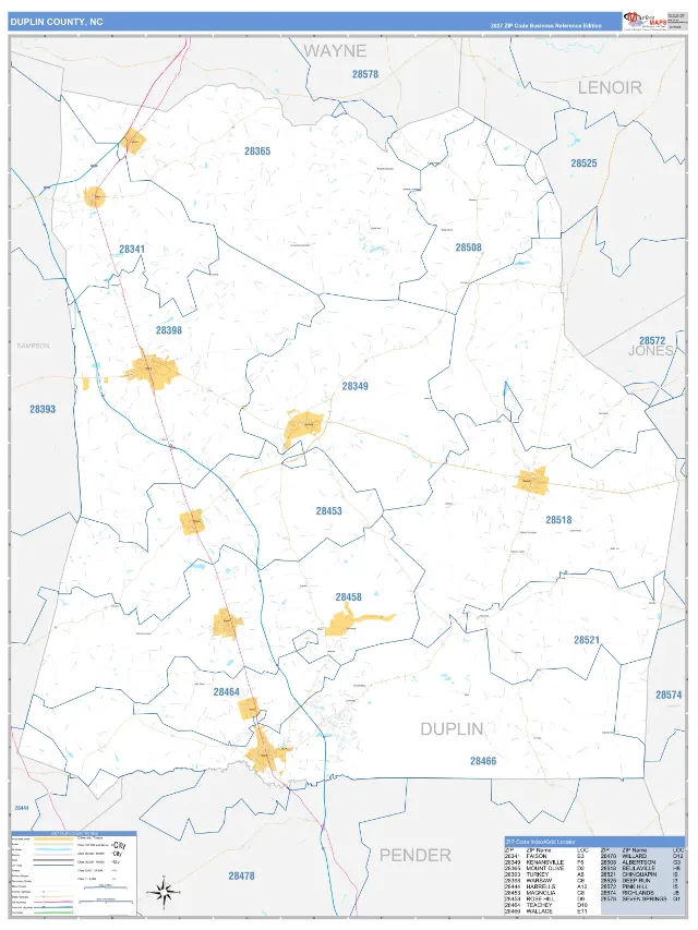 Duplin County, NC ZIP Code Wall Map, Business Reference style