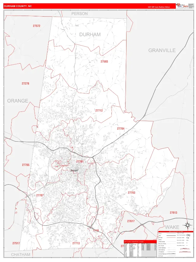 Durham County, NC ZIP Code Wall Map, RedLine style