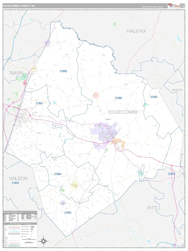 Edgecombe County, NC ZIP Code Wall Map, Classic style