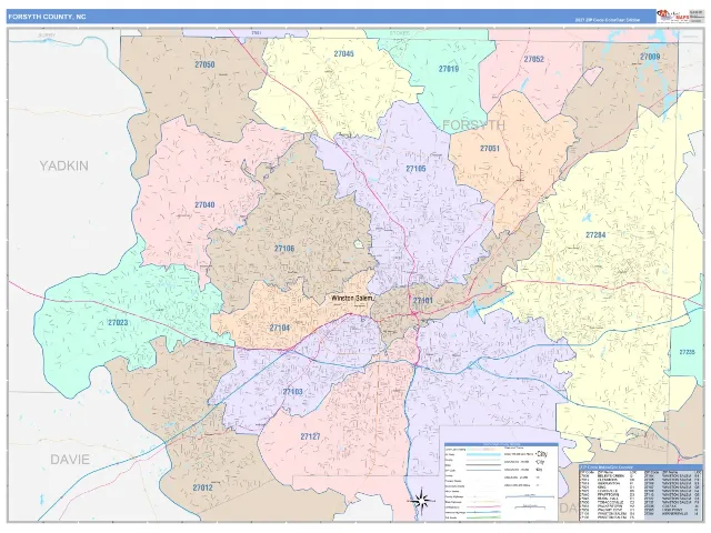 Forsyth County, NC ZIP Code Wall Map, ColorCast style