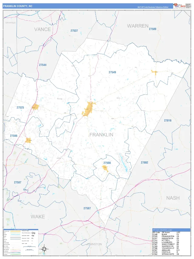 Franklin County, NC ZIP Code Wall Map, Business Reference style