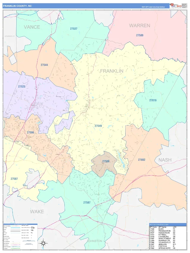Franklin County, NC ZIP Code Wall Map, ColorCast style