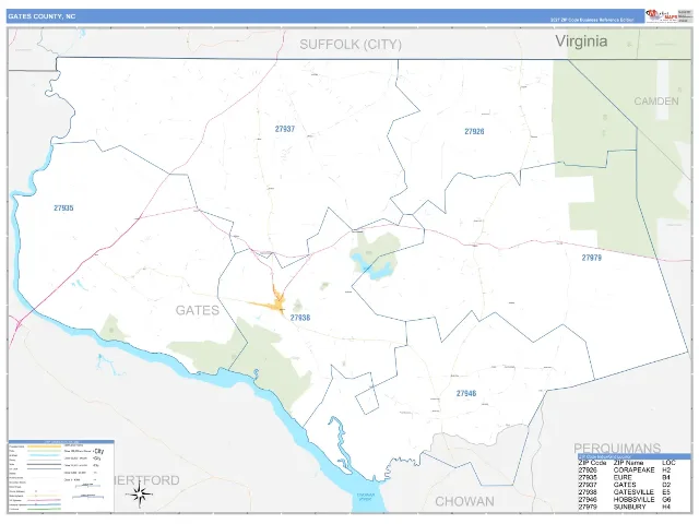 Gates County, NC ZIP Code Wall Map, Business Reference style