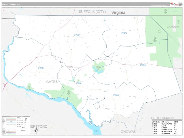 Gates County, NC ZIP Code Wall Map, Classic style