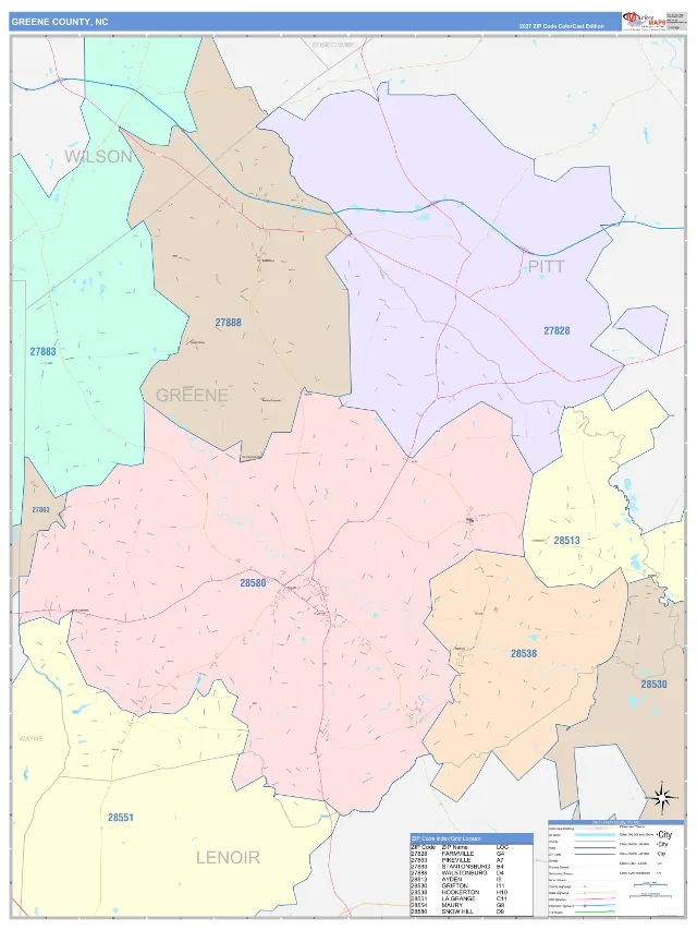 Greene County, NC ZIP Code Wall Map, ColorCast style
