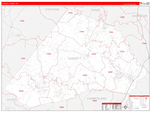 Harnett County, NC ZIP Code Wall Map, RedLine style