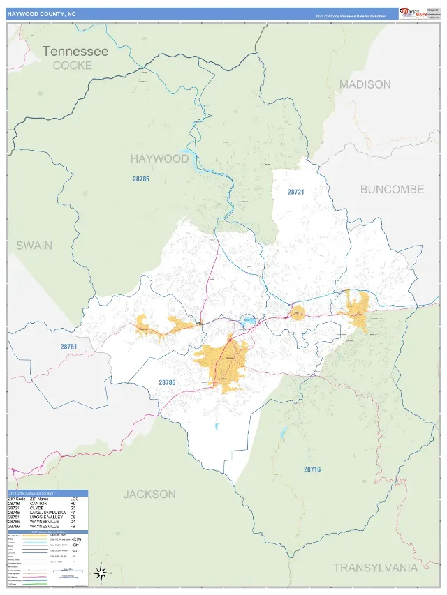 Haywood County, NC ZIP Code Wall Map, Business Reference style
