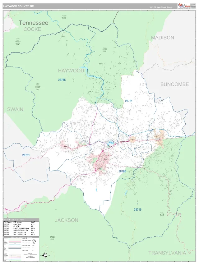 Haywood County, NC ZIP Code Wall Map, Classic style