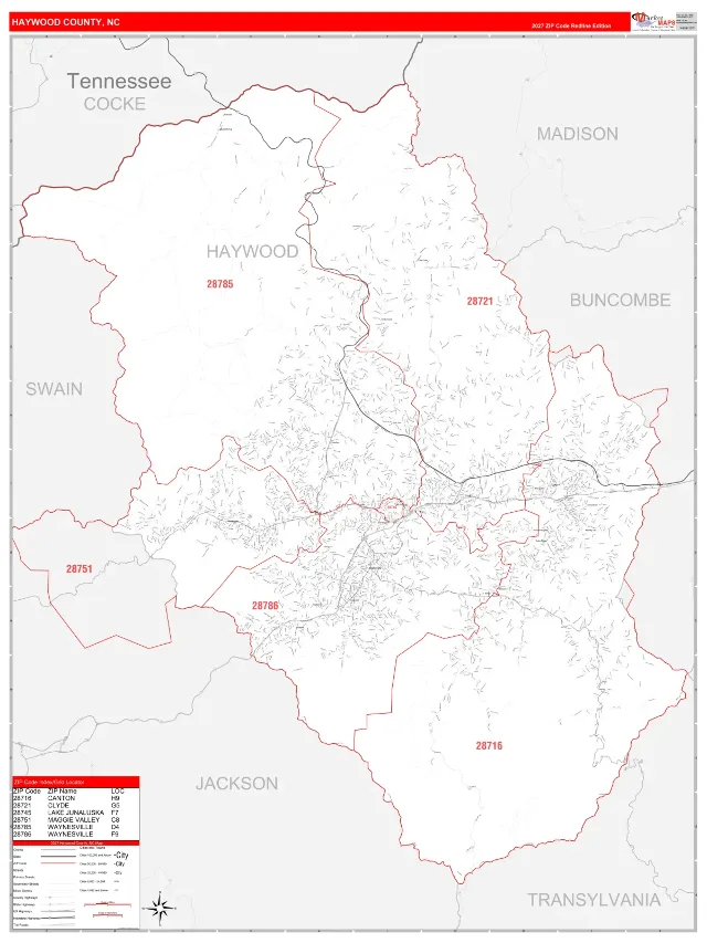 Haywood County, NC ZIP Code Wall Map, RedLine style