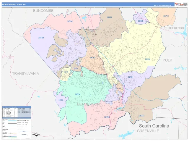 Henderson County, NC ZIP Code Wall Map, ColorCast style
