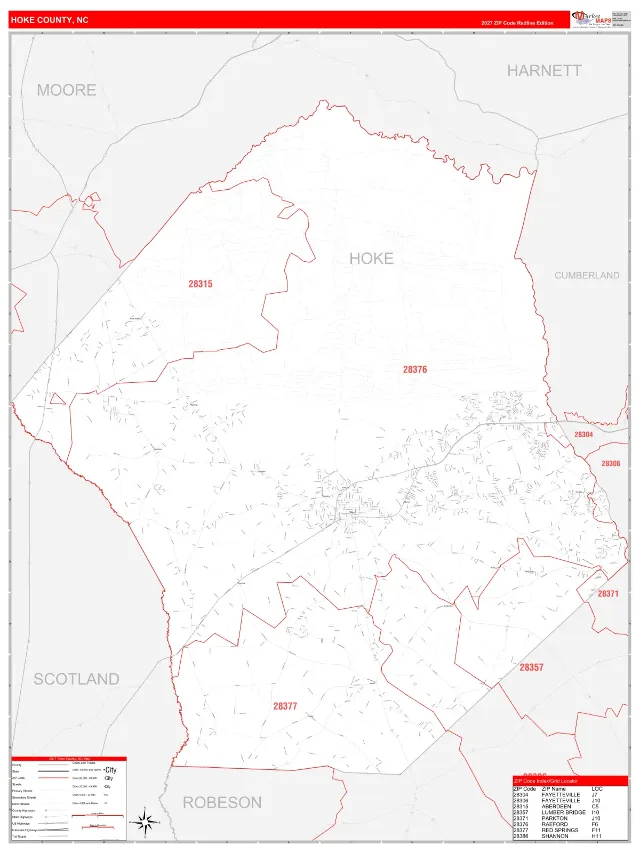 Hoke County, NC ZIP Code Wall Map, RedLine style
