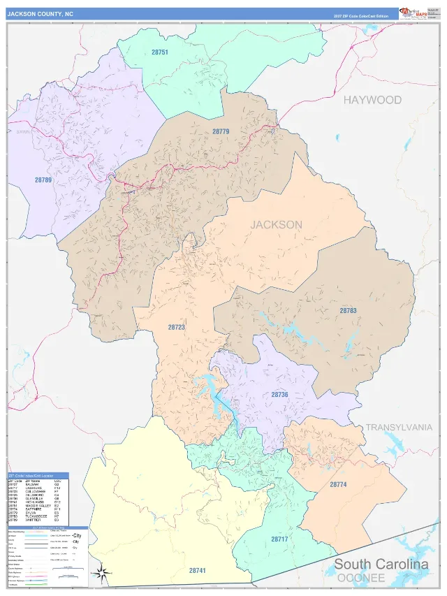Jackson County, NC ZIP Code Wall Map, ColorCast style