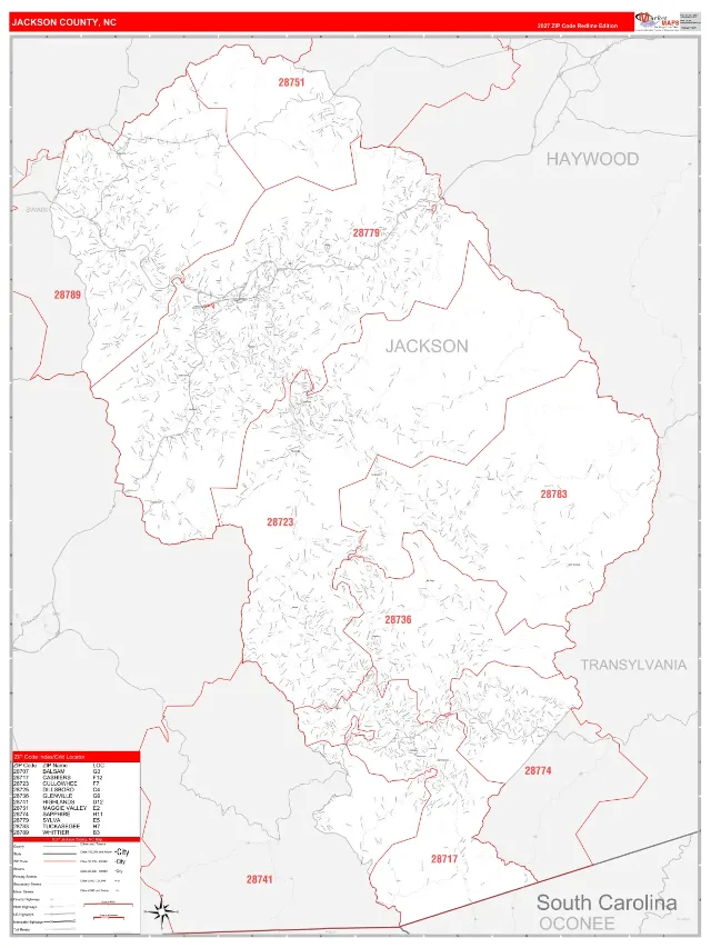 Jackson County, NC ZIP Code Wall Map, RedLine style